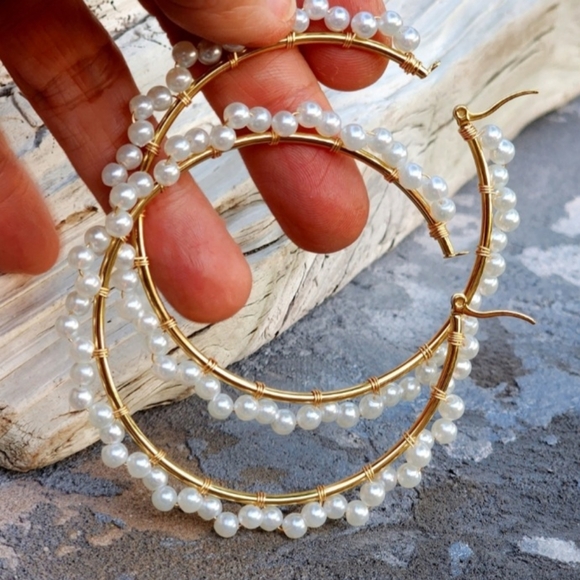 Large Gold Hoops Plated Hypoallergenic Hoop Earrings Light Faux Pearls - Picture 2 of 9